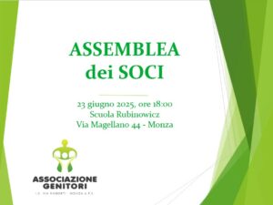 Si terrà in data 23 giugno 2025, a partire dalle ore 18:00, l'assemblea annuale dei soci. Per agevolare la partecipazione, l'incontro si svolgerà sia in presenza presso la scuola Rubinowicz che online